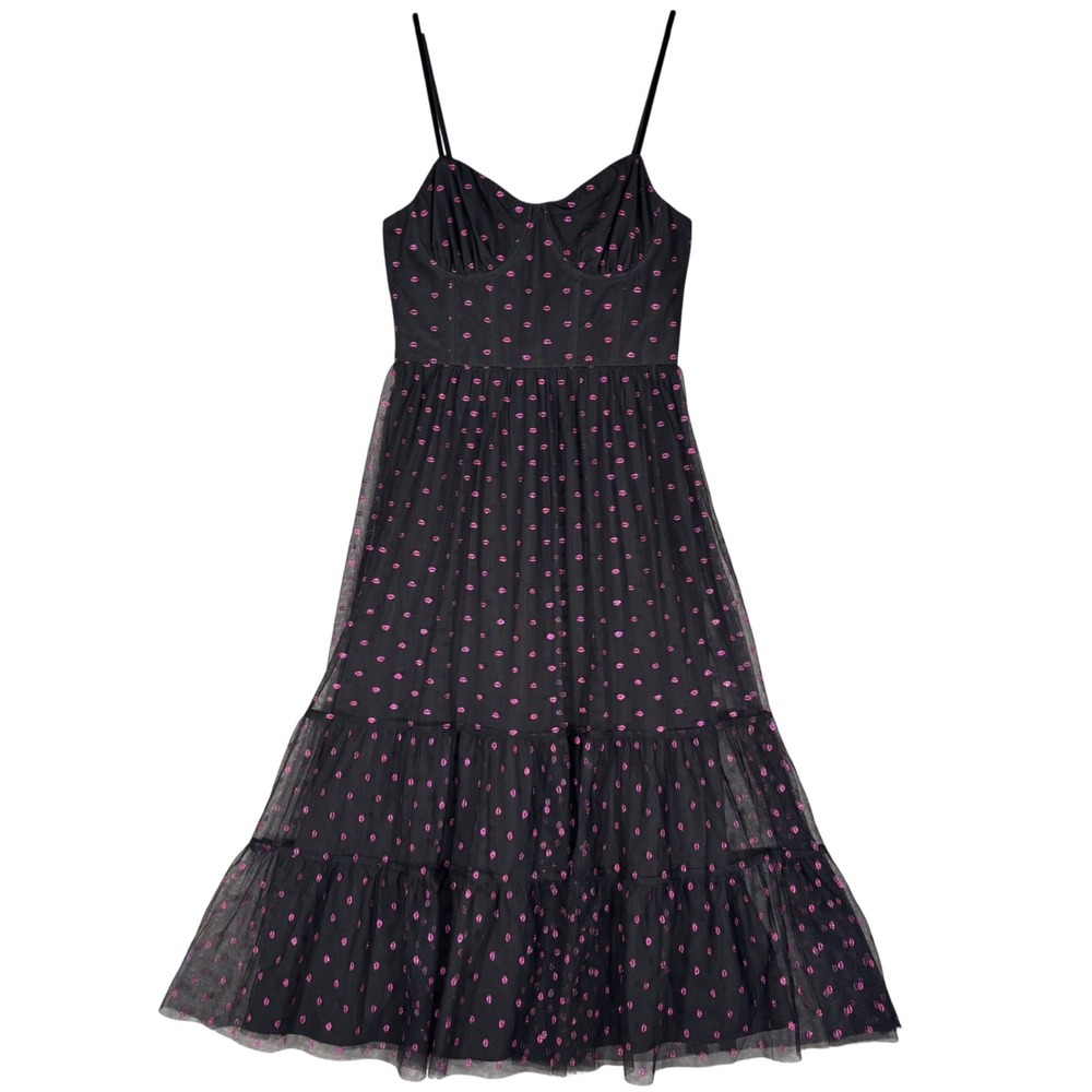 Betsey Johnson Black Tulle Pink Glitter Lips Midi Dress Size 4 Bustier Tiered